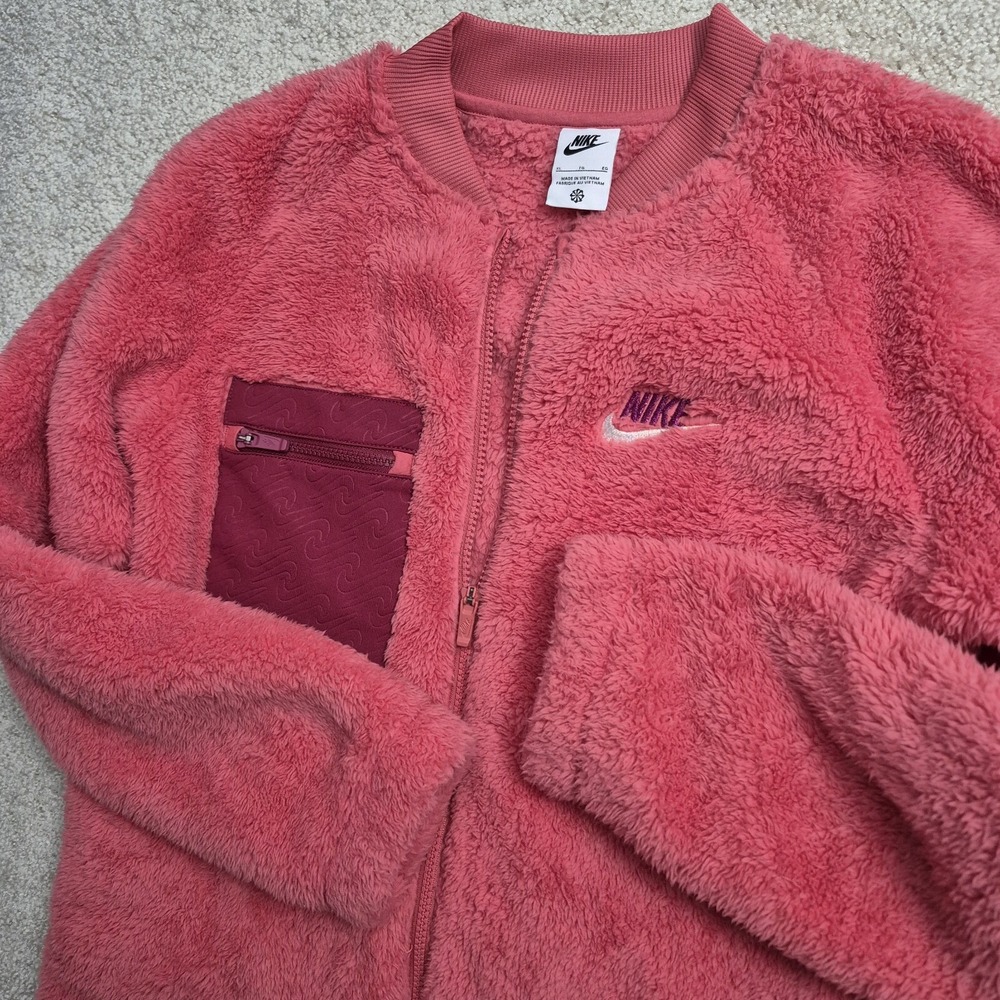 Nike Girls Jacket XL Pink Winterized Fleece Fuzzy Long Coat Full Zip Logo Barbie